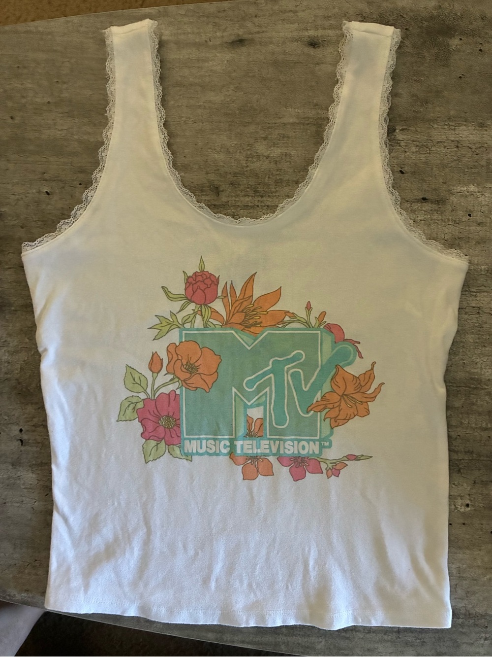 MTV Floral Logo Scoop Lace White Tank